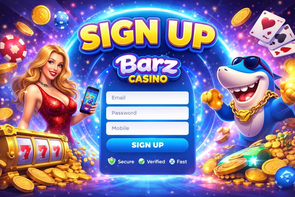 Barz Casino UK Sign Up banner with glowing portal, secure registration form, gold coins and vibrant casino elements in landscape orientation