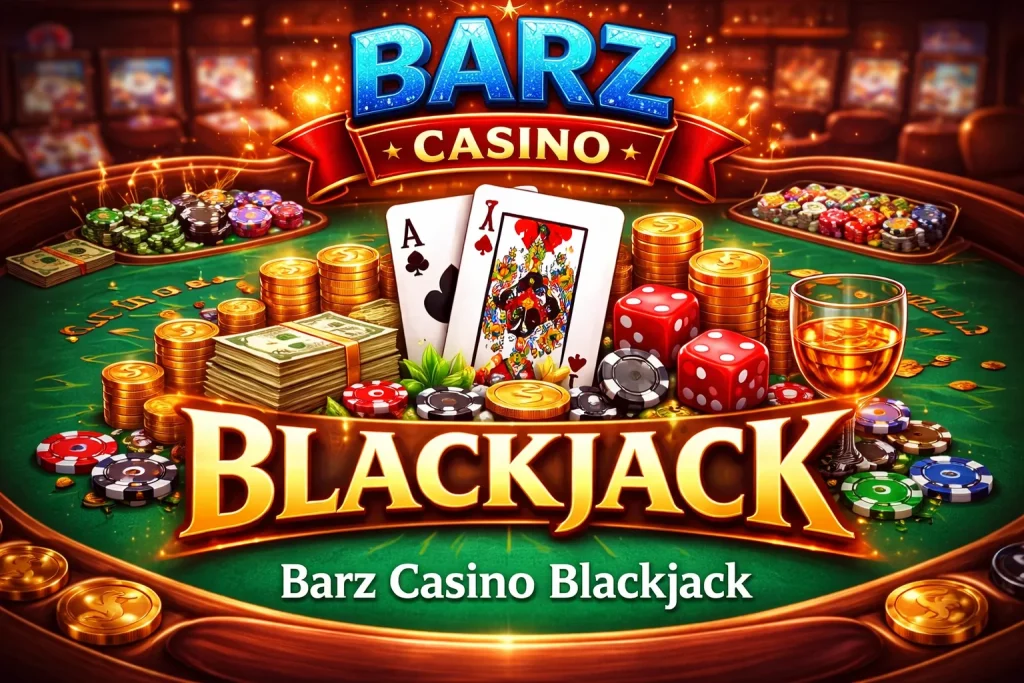 Barz Casino Blackjack – online blackjack table with cards, chips and casino gaming illustration