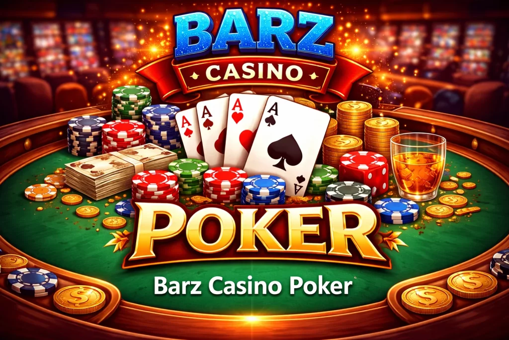 Barz Casino Poker – online poker table with playing cards, chips and casino theme illustration