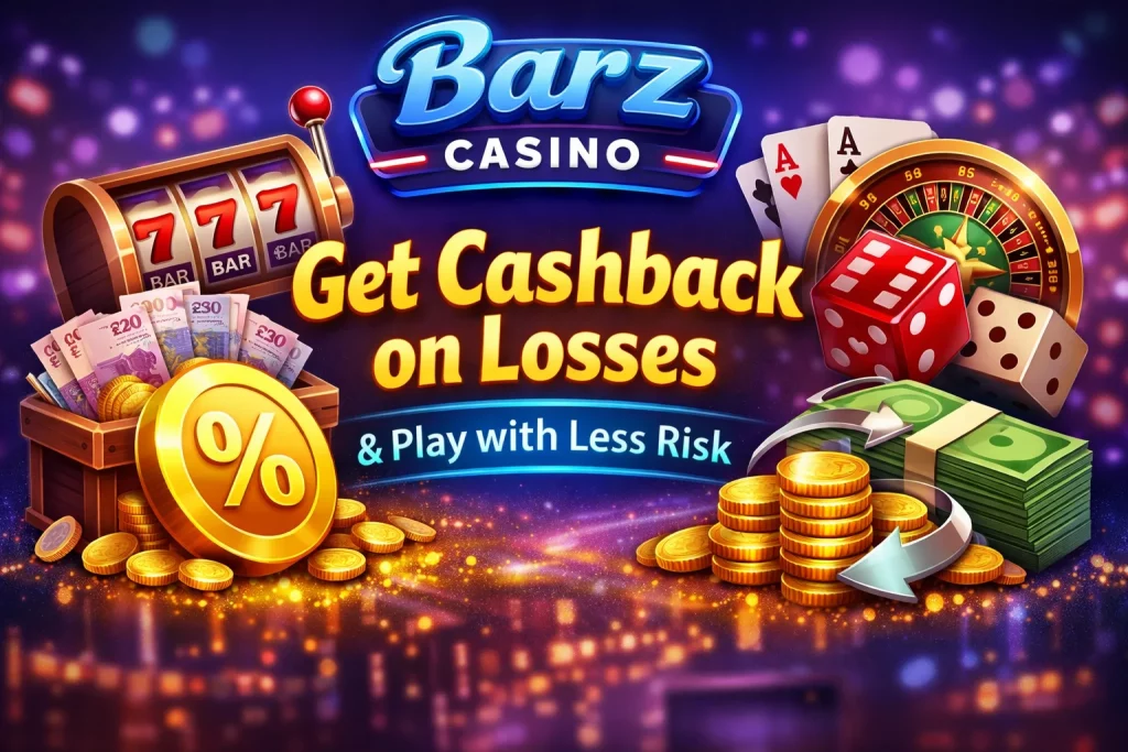 Barz Casino cashback bonus banner with slot machine, coins, percentage icon and “Get Cashback on Losses & Play with Less Risk” text