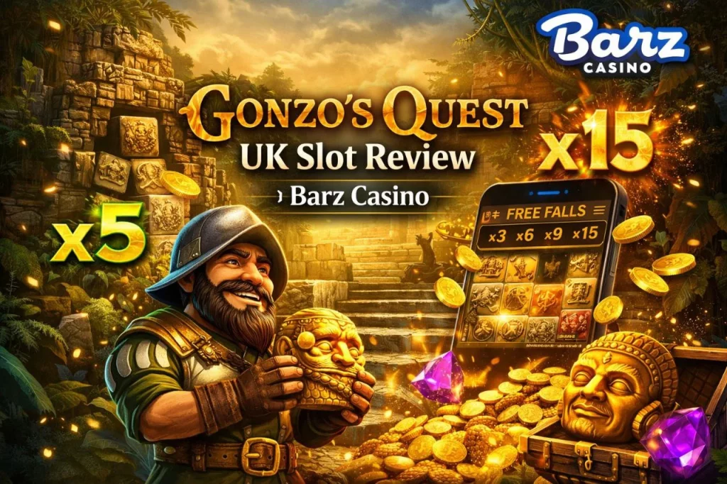 Gonzo’s Quest slot banner Barz Casino UK featuring jungle theme, gold treasure, avalanche reels and Free Falls bonus gameplay