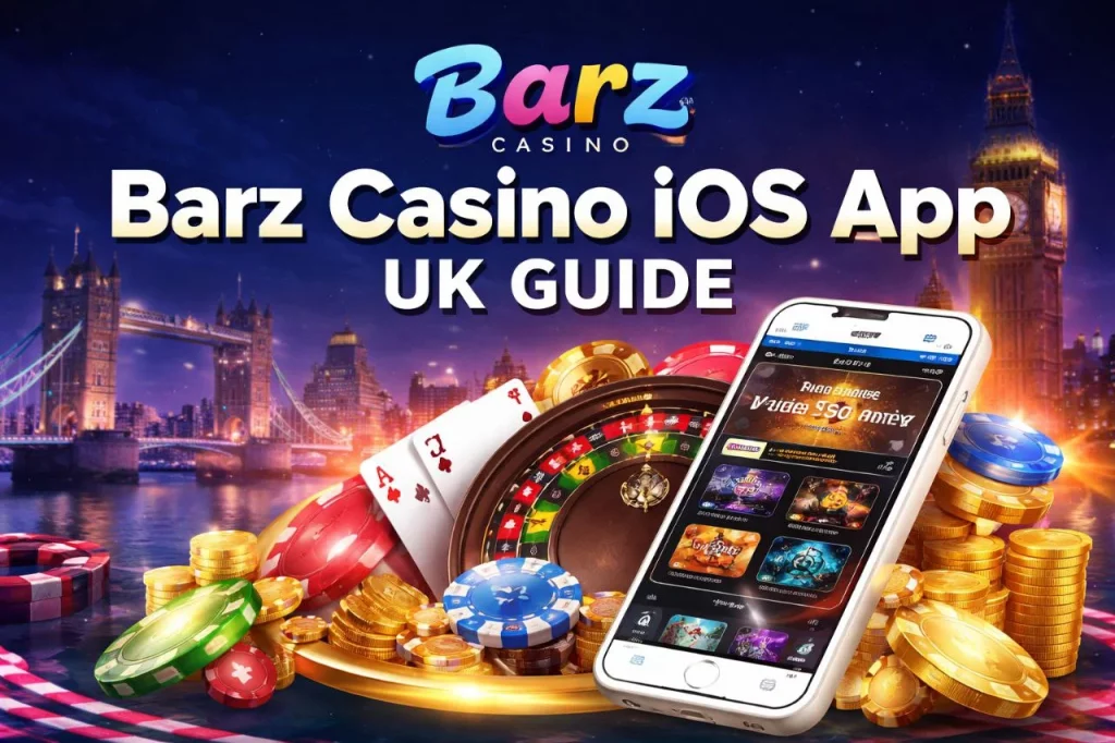 Barz Casino iOS App UK Guide banner with iPhone gameplay, London skyline, casino chips and roulette wheel for mobile casino experience