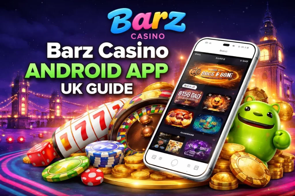 Barz Casino Android App UK Guide banner with smartphone gameplay, Android mascot, casino chips, slots and London skyline theme for mobile casino experience