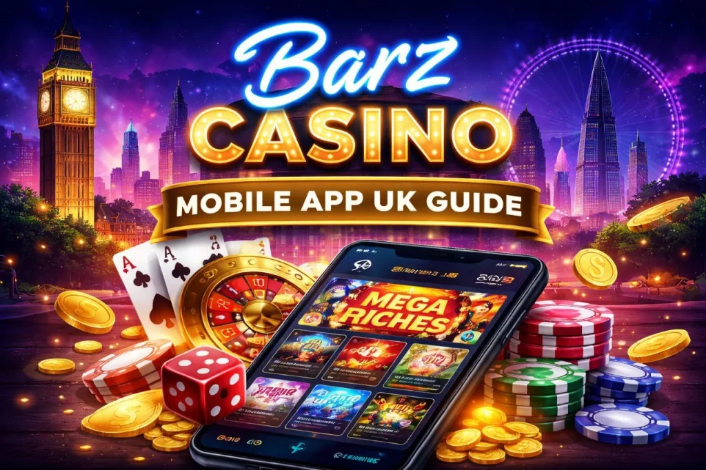 Barz Casino Mobile App UK Guide banner with smartphone gameplay, casino chips, roulette wheel, cards and London skyline for mobile casino experience