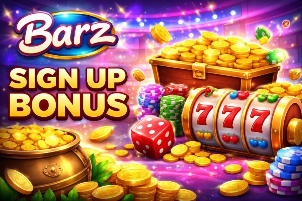 Barz Casino sign up bonus banner with free spins, coins and slot machine UK offer