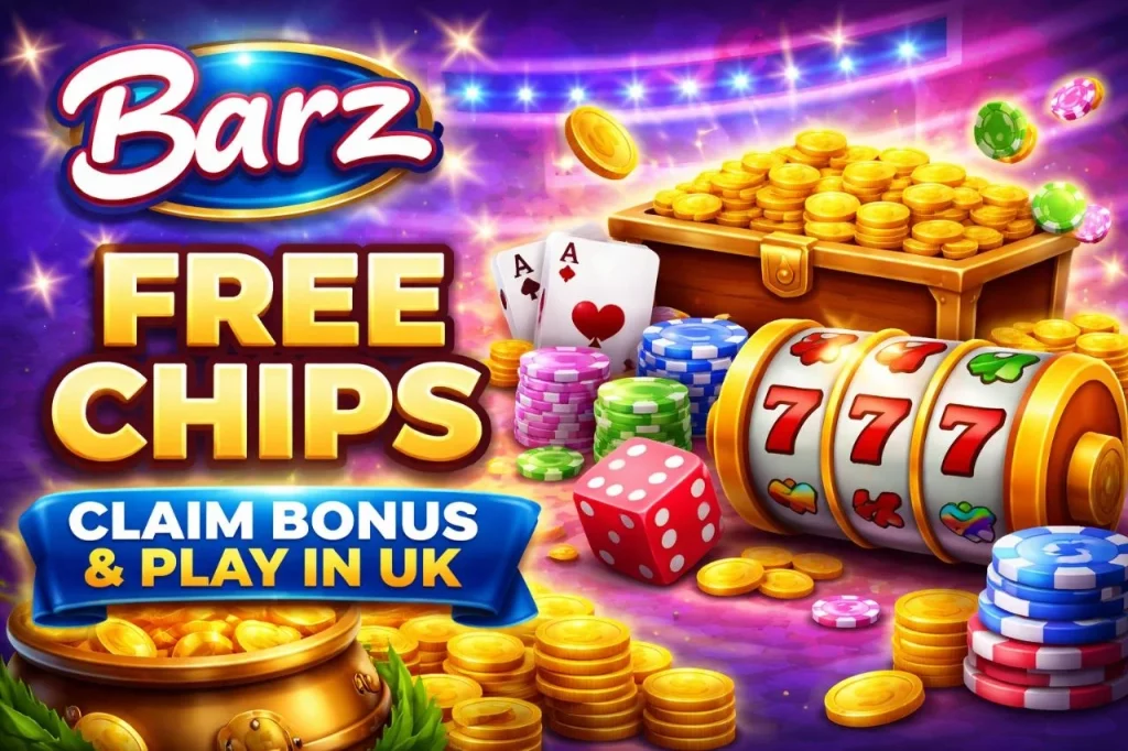 Barz Casino free chips banner with coins, slot machine and UK bonus offer