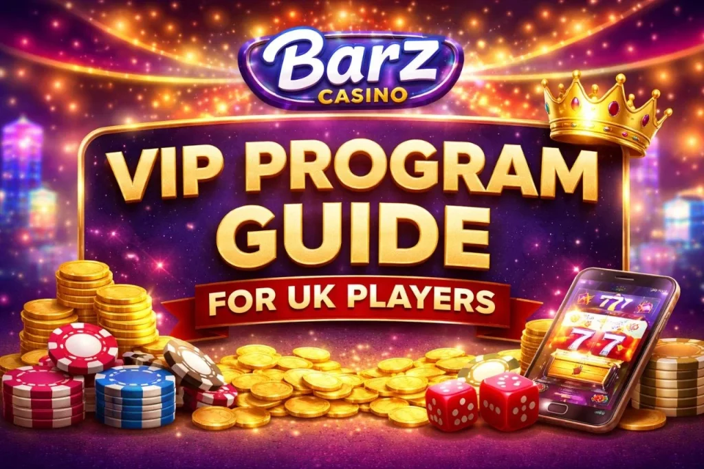 Barz Casino VIP Program Guide for UK Players banner with gold coins, casino chips, crown, dice, and mobile slot screen on a purple glowing background.