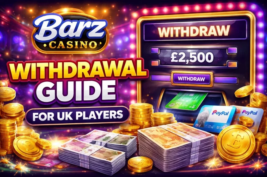 Barz Casino Withdrawal Guide for UK Players banner with ATM screen, £ cash stacks, gold coins, payment cards, and glowing casino background.