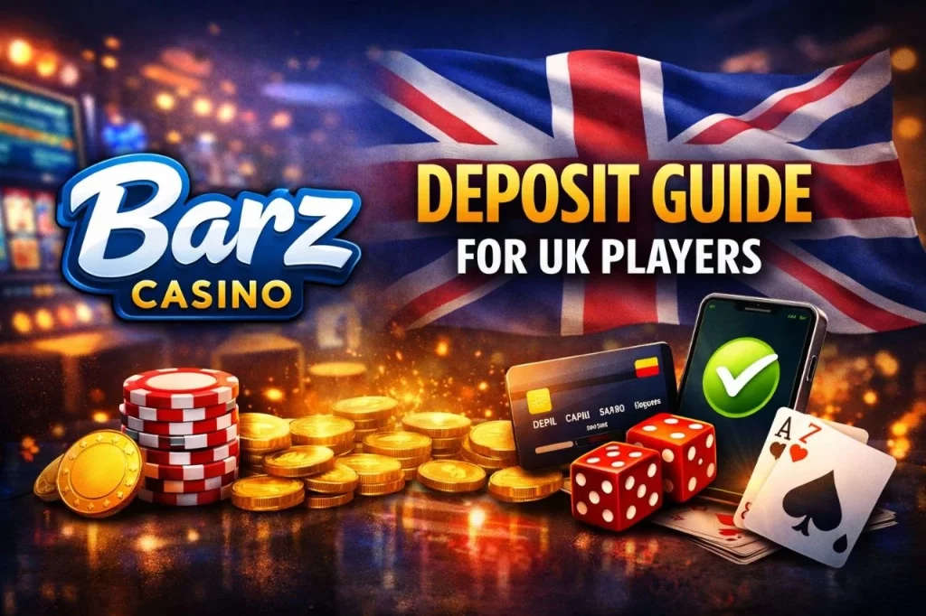 Barz Casino Deposit Guide for UK Players banner with UK flag, casino chips, gold coins, payment card, smartphone confirmation icon, and glowing casino background.
