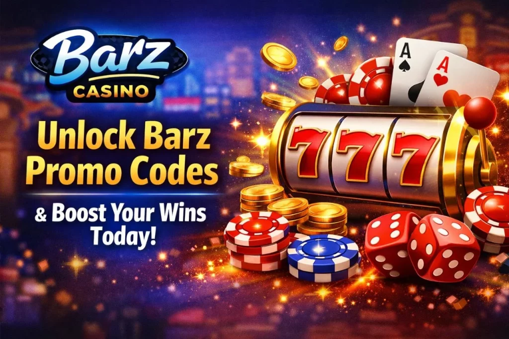 Barz Casino promo codes banner with slot machine, chips and glowing bonus offer text
