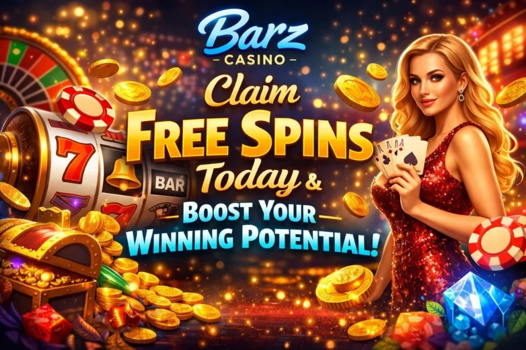Barz Casino free spins banner with slot machine, coins and glowing “Claim Free Spins Today” bonus text