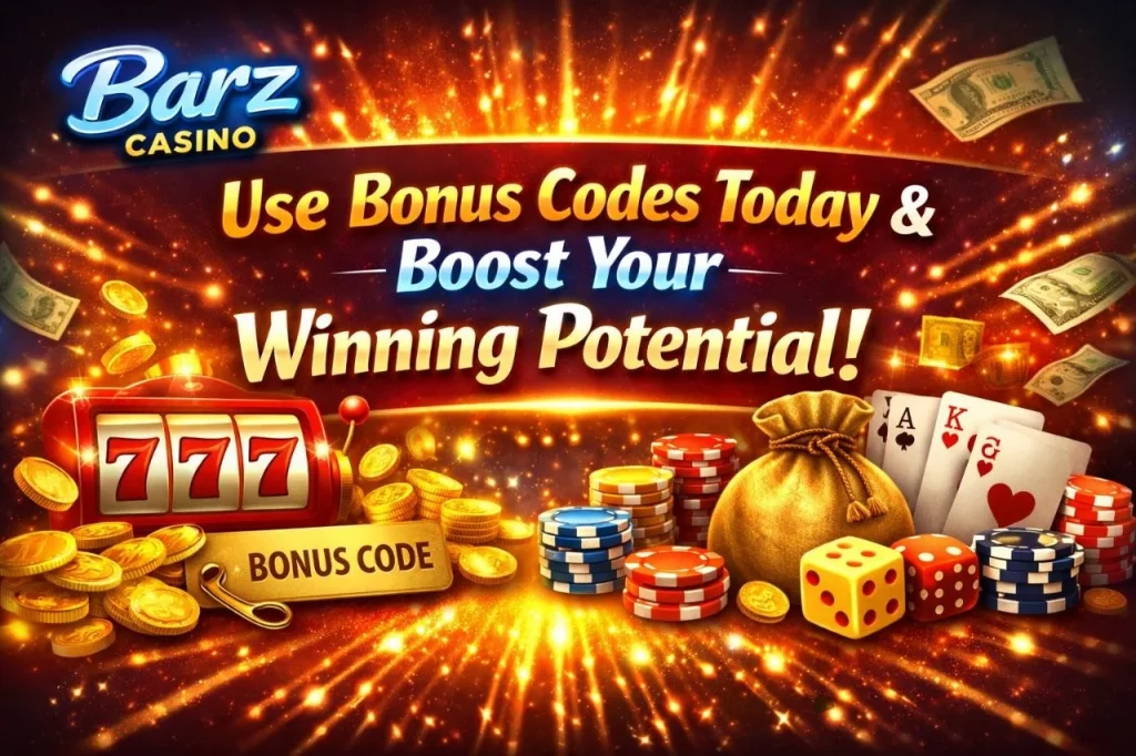 Barz Casino bonus code banner with slot machine, chips, coins and “Use Bonus Codes Today” promotional text