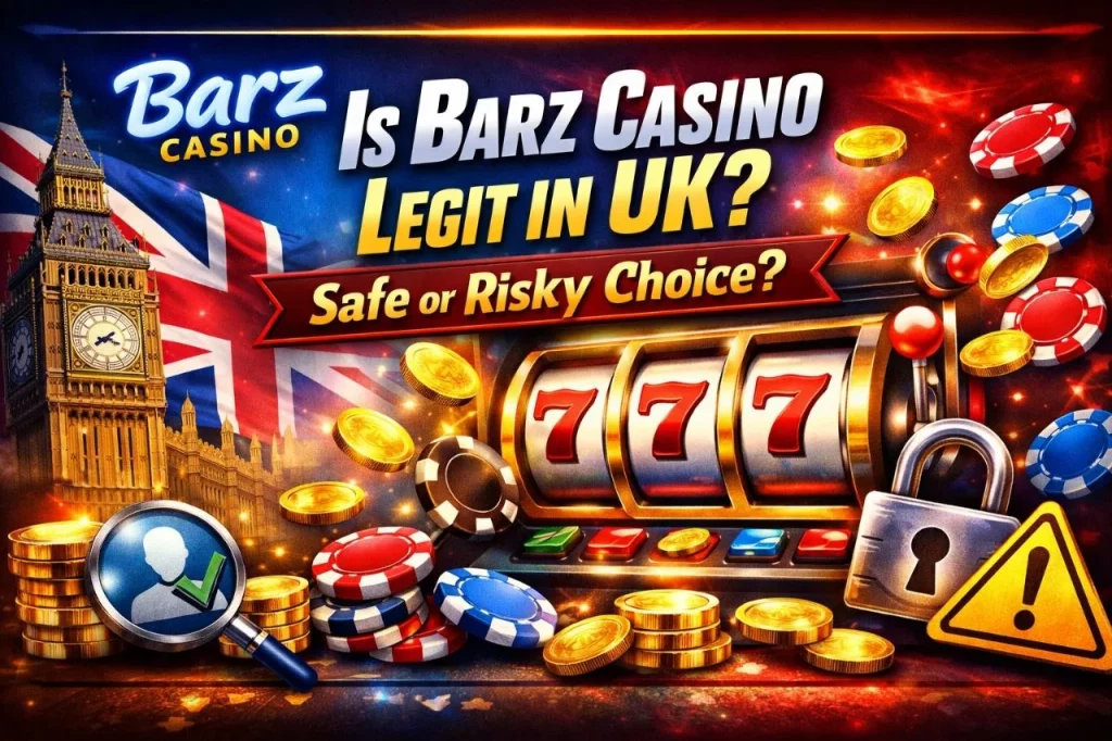 Barz Casino legit UK banner with slot machine, UK flag, coins and “Is Barz Casino Legit in UK” safety question text