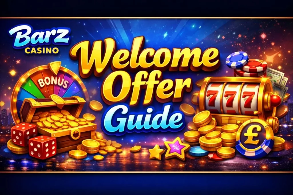 Barz Casino Welcome Offer Guide with treasure chest, dice, spinning bonus wheel, and slot machine against a city skyline.