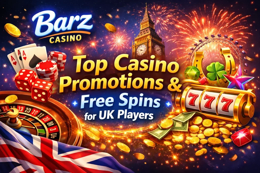 Barz Casino promotions banner featuring free spins, bonuses, UK-themed casino elements, roulette, slots, and coins in a vibrant landscape design